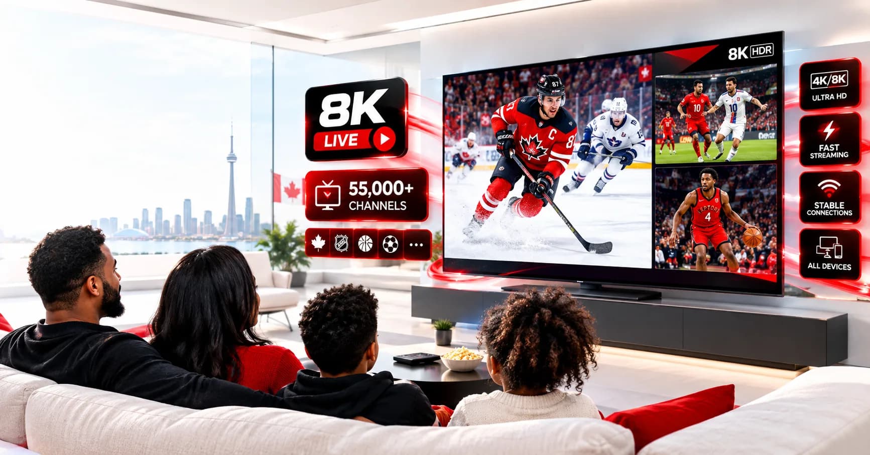 Family watching live sport on a large TV in a living room